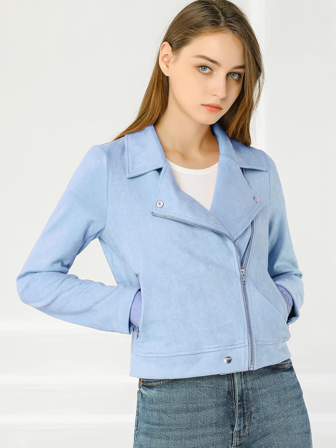 image:imageAllegra K Womens Faux Suede Jacket Long Sleeve Zip Up Lapel OuterwearLight Blue