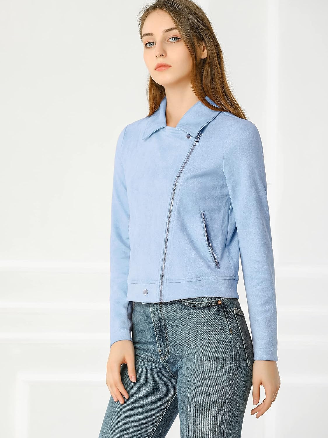 image:imageAllegra K Womens Faux Suede Jacket Long Sleeve Zip Up Lapel OuterwearLight Blue