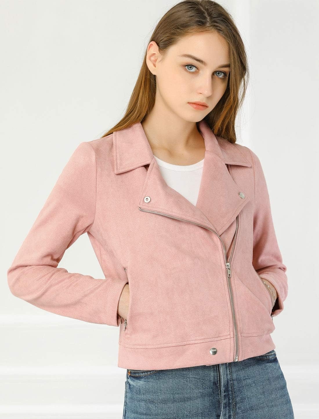 image:imageAllegra K Womens Faux Suede Jacket Long Sleeve Zip Up Lapel OuterwearPink