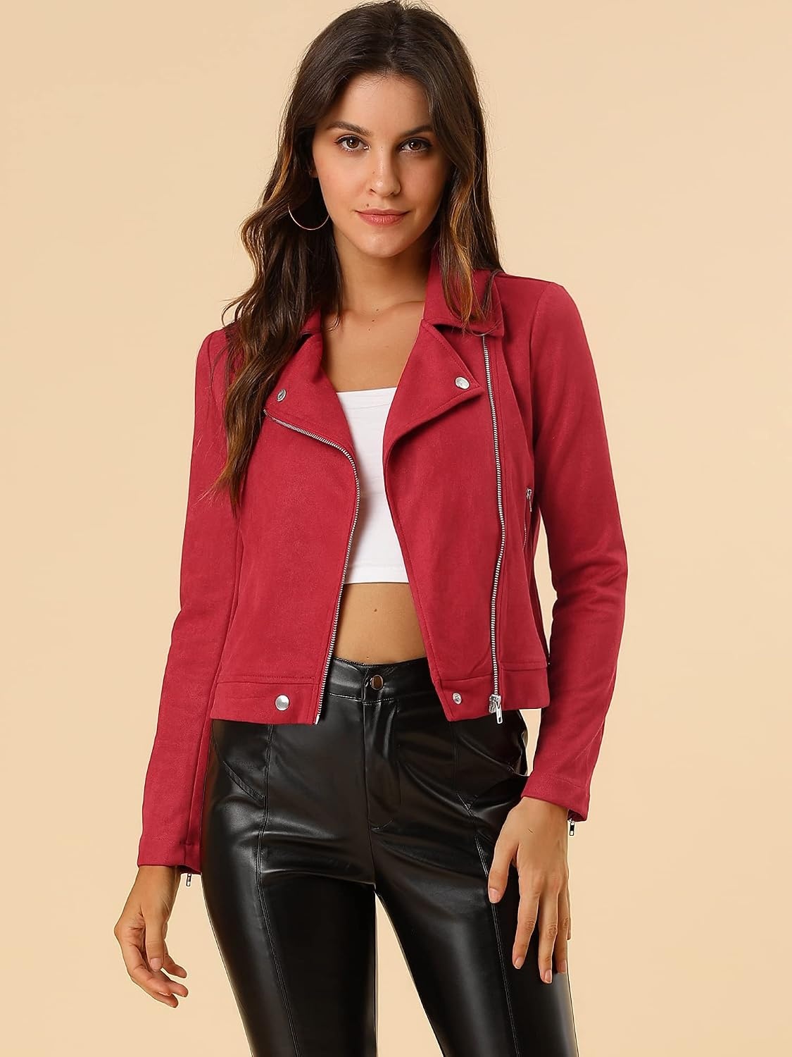 image:imageAllegra K Womens Faux Suede Jacket Long Sleeve Zip Up Lapel OuterwearRed