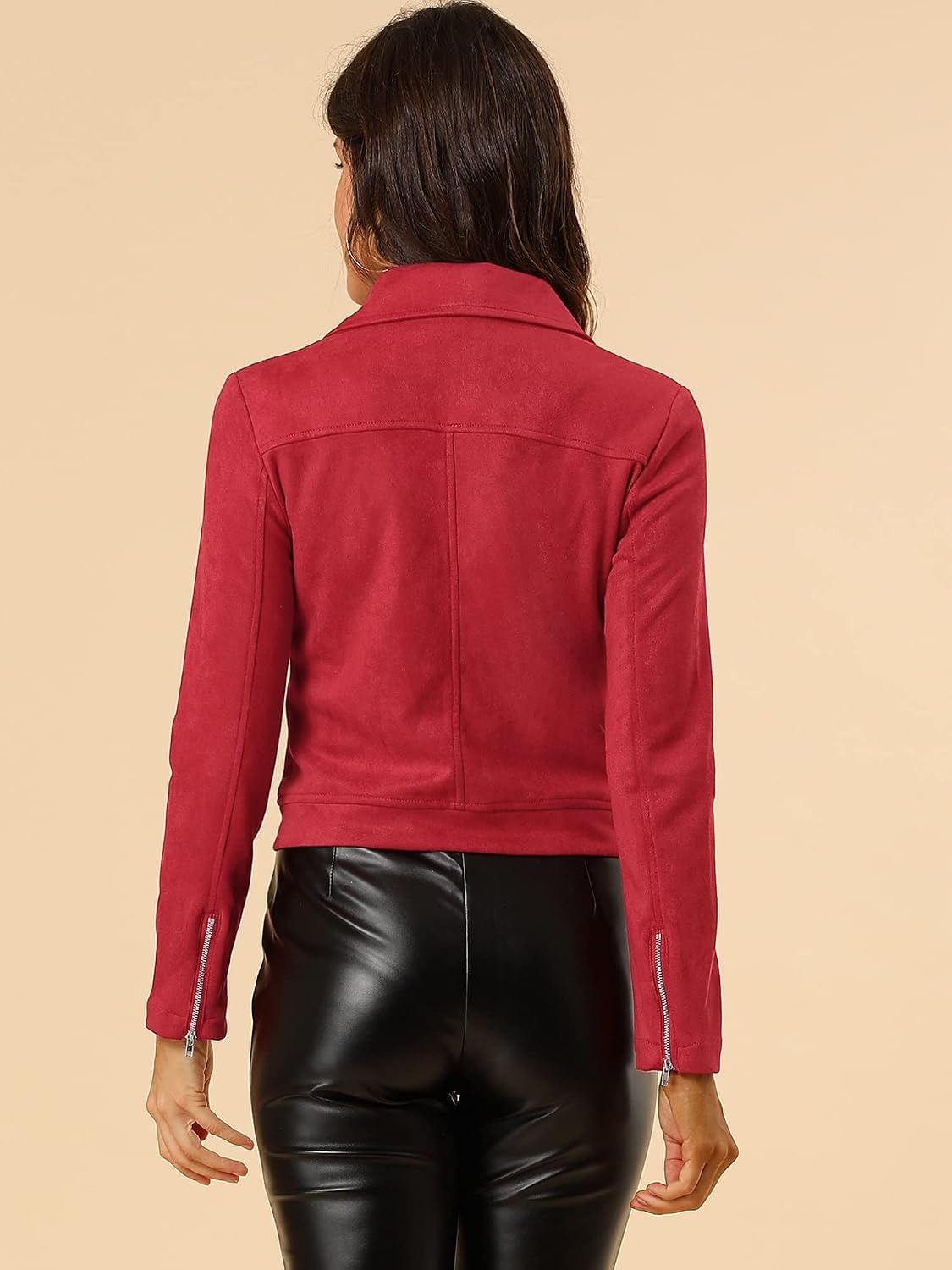 image:imageAllegra K Womens Faux Suede Jacket Long Sleeve Zip Up Lapel OuterwearRed
