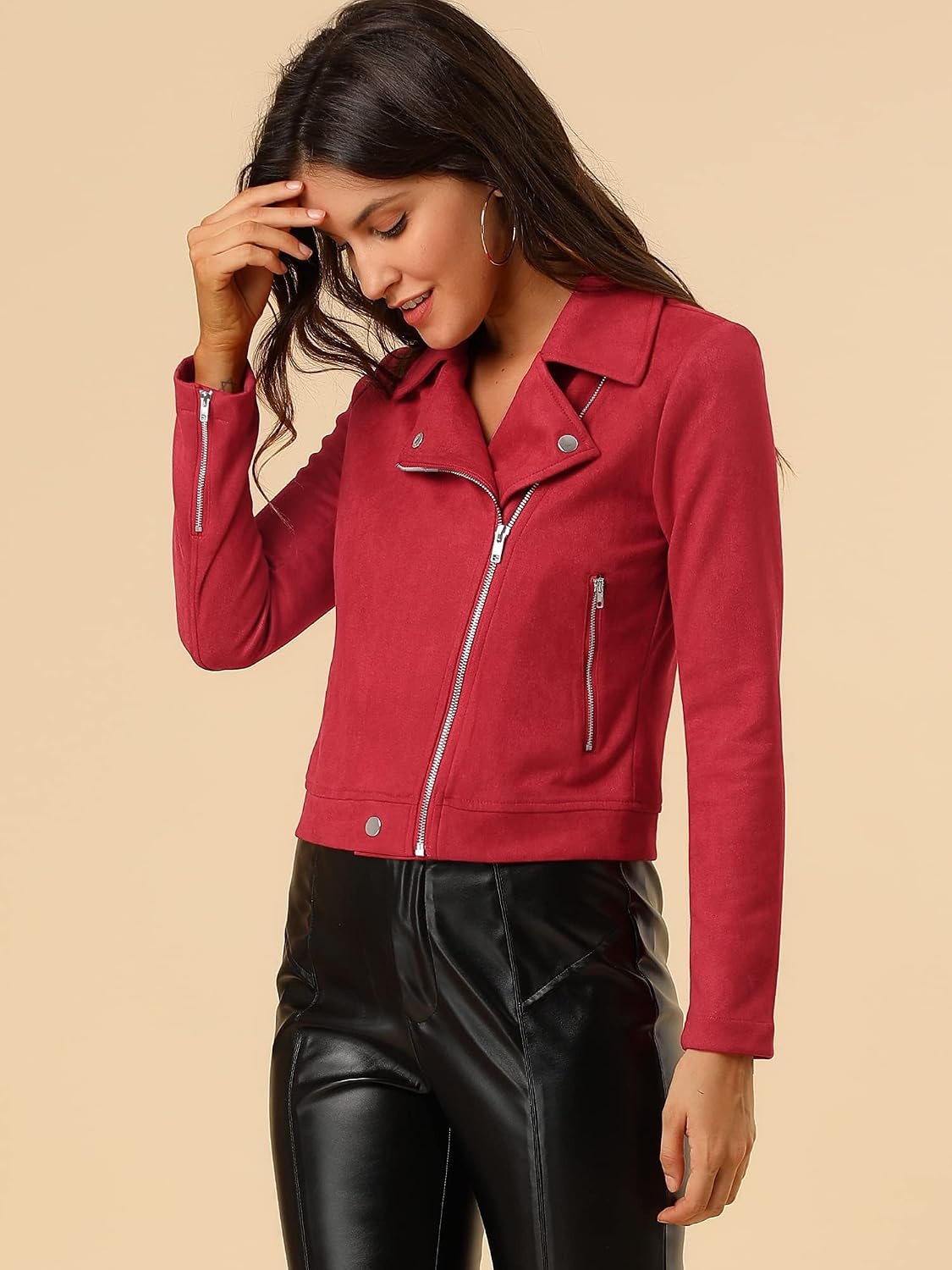 image:imageAllegra K Womens Faux Suede Jacket Long Sleeve Zip Up Lapel OuterwearRed