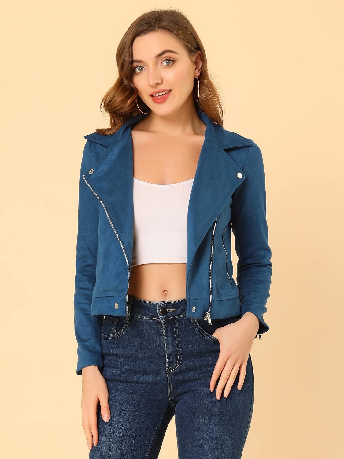 image:imageAllegra K Womens Faux Suede Jacket Long Sleeve Zip Up Lapel OuterwearRoyal Blue