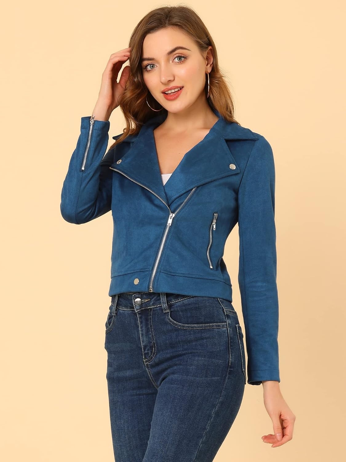 image:imageAllegra K Womens Faux Suede Jacket Long Sleeve Zip Up Lapel OuterwearRoyal Blue