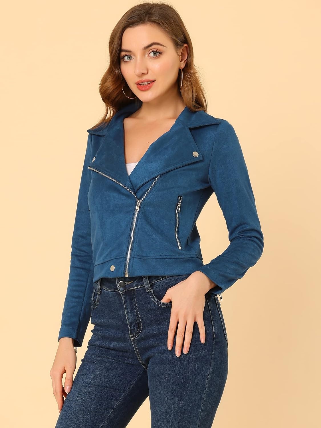 image:imageAllegra K Womens Faux Suede Jacket Long Sleeve Zip Up Lapel OuterwearRoyal Blue