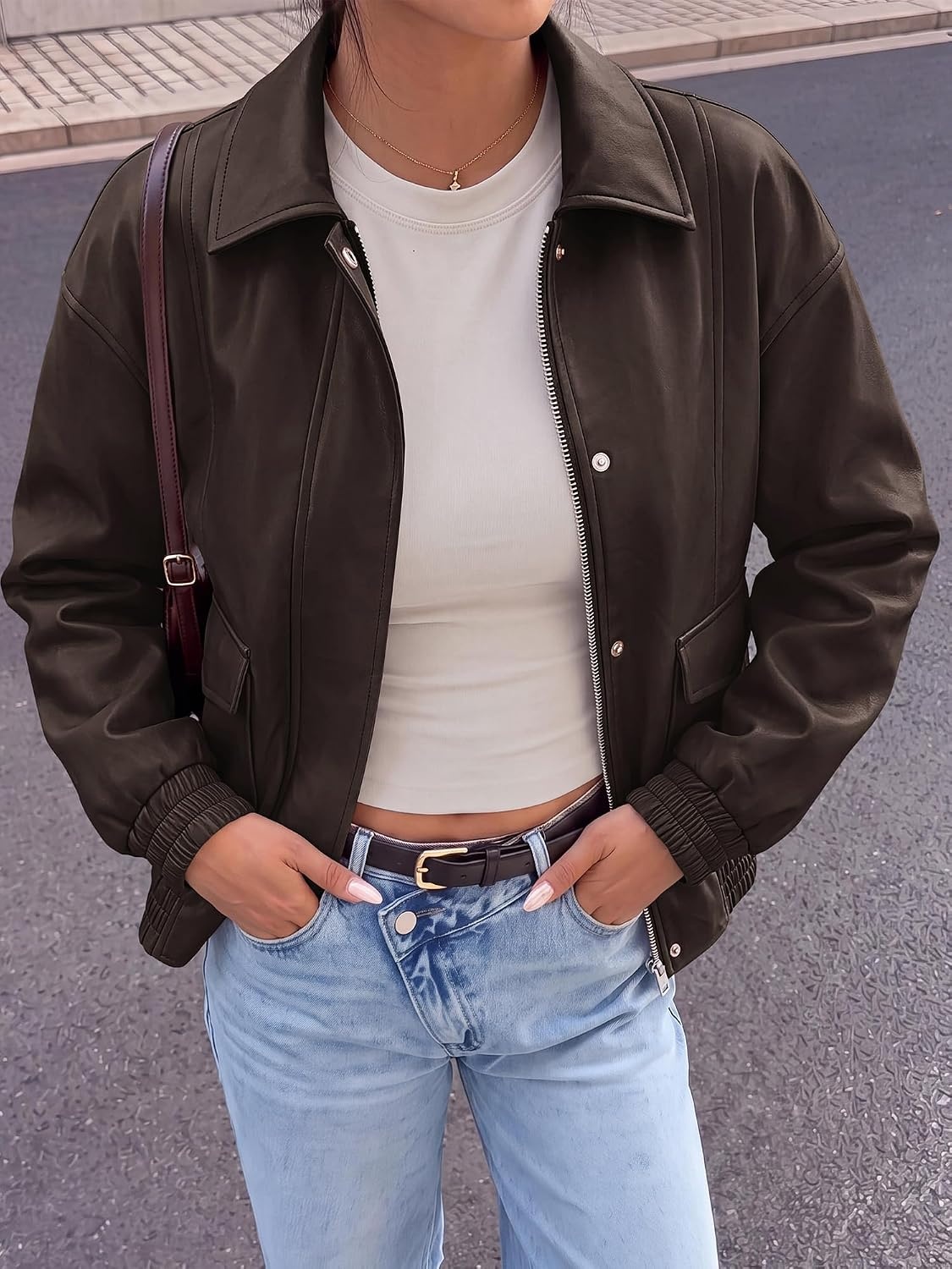 image:imageBTFBM Faux Leather Jacket Women Fall Clothes 2026Dark Brown
