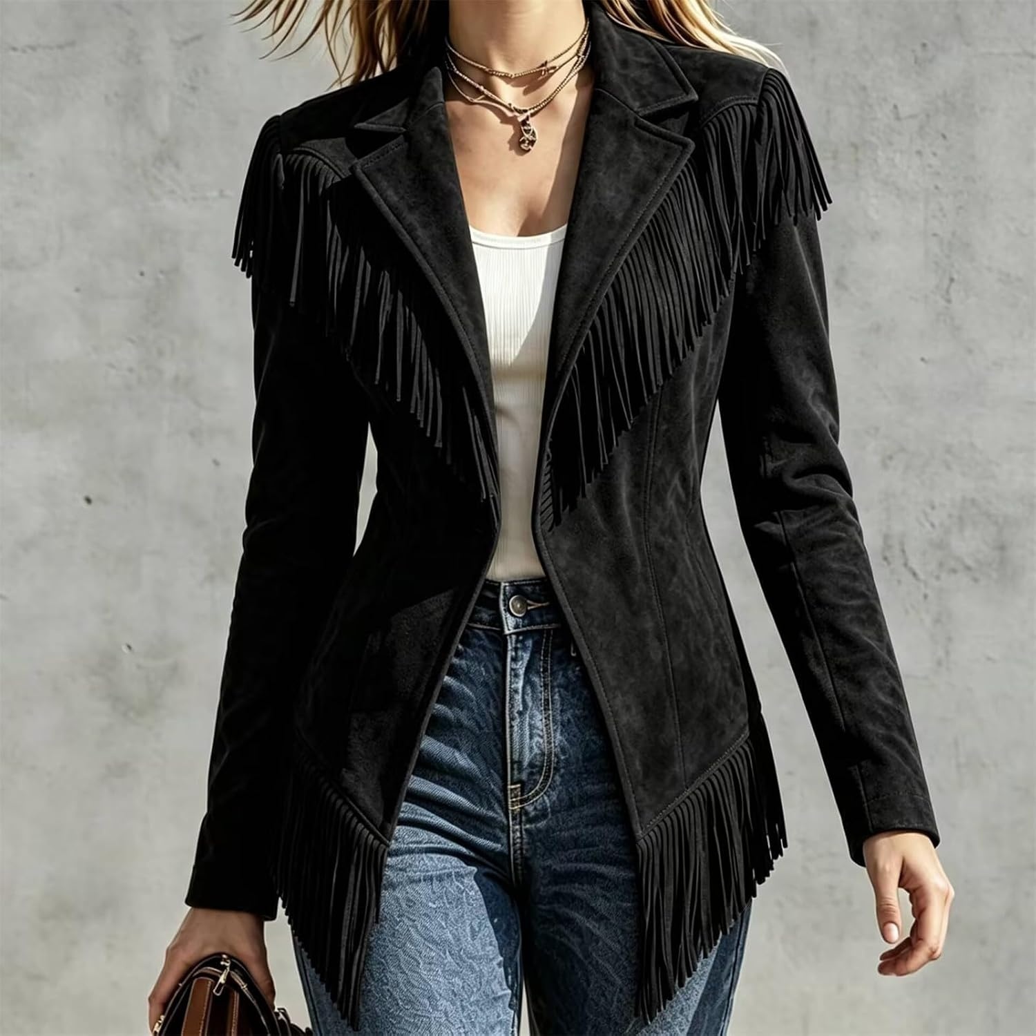 image:imageCRNTCEM Womens Suede Fringe Jacket Western Cowgirl Vintage Motorcycle CoatsBlack