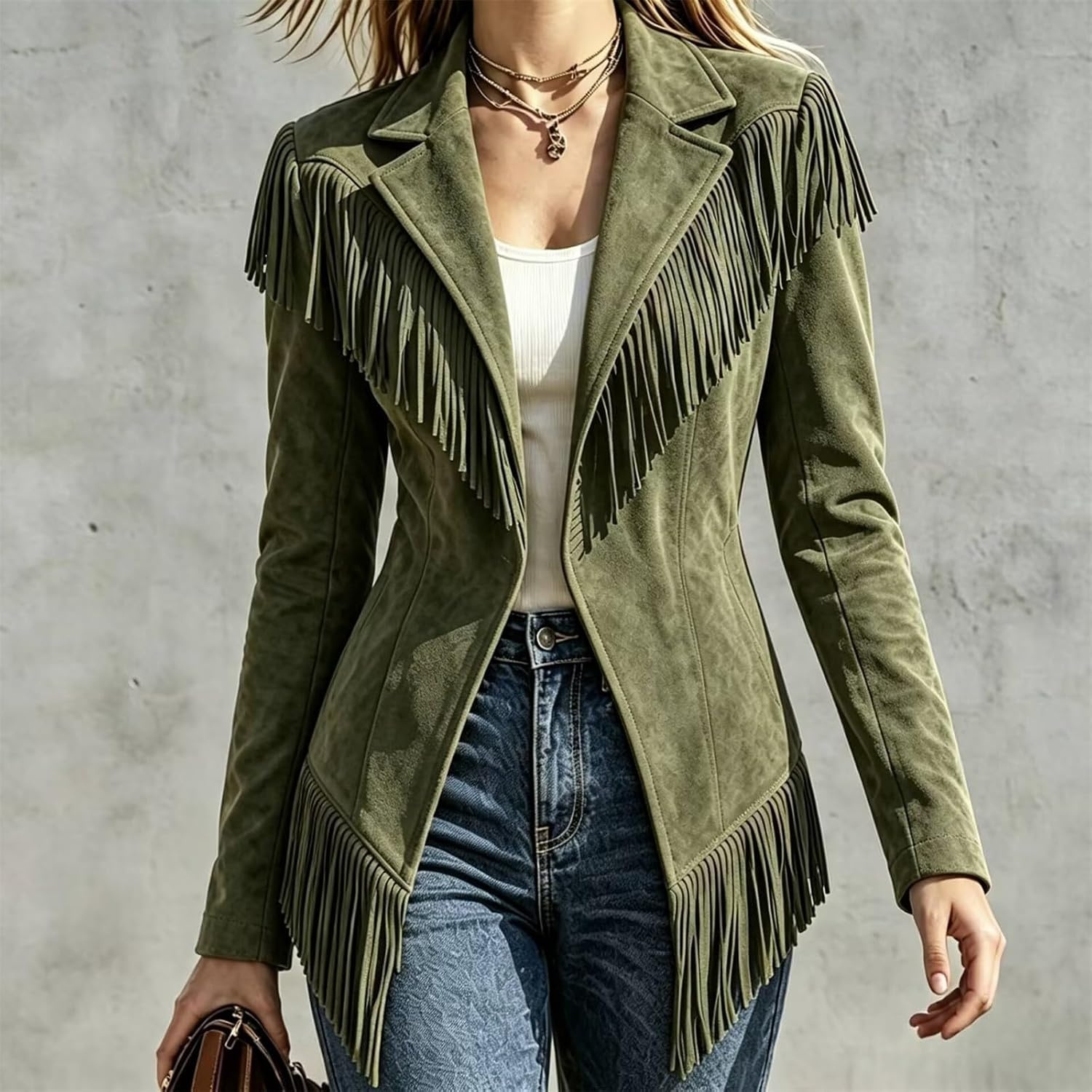 image:imageCRNTCEM Womens Suede Fringe Jacket Western Cowgirl Vintage Motorcycle CoatsBlackish Green