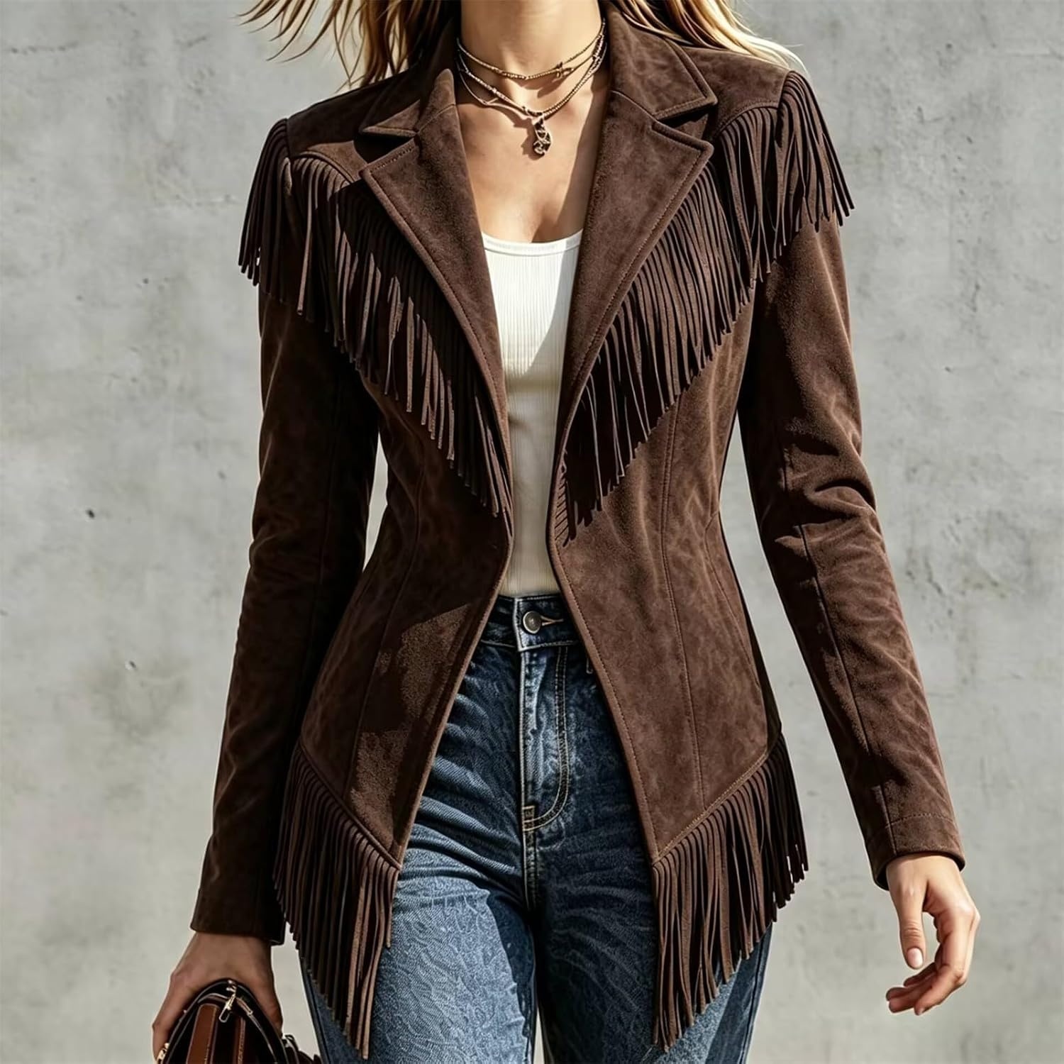 image:imageCRNTCEM Womens Suede Fringe Jacket Western Cowgirl Vintage Motorcycle CoatsCoffee