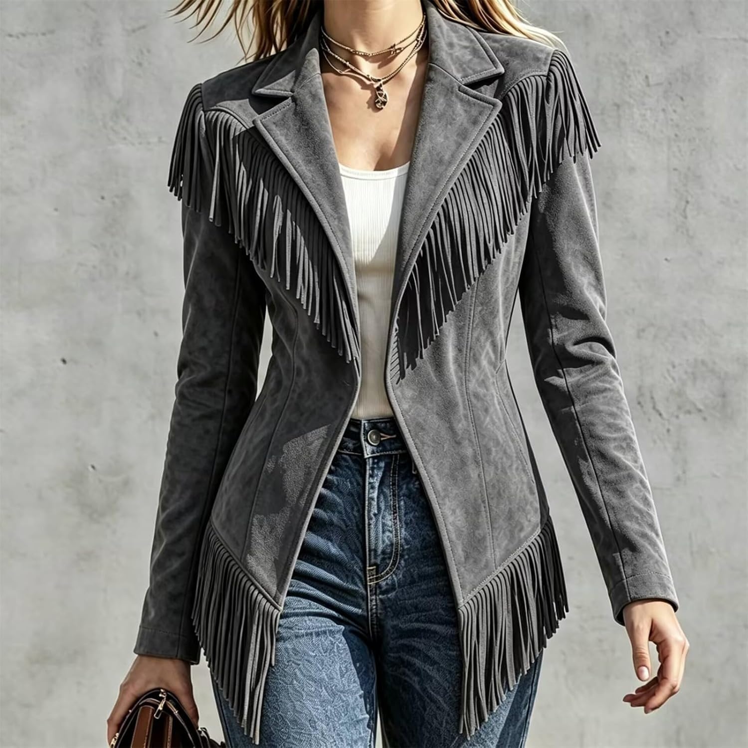 image:imageCRNTCEM Womens Suede Fringe Jacket Western Cowgirl Vintage Motorcycle CoatsGrey