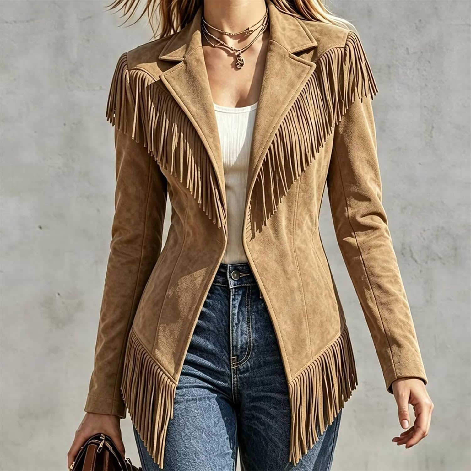 image:imageCRNTCEM Womens Suede Fringe Jacket Western Cowgirl Vintage Motorcycle CoatsKhaki