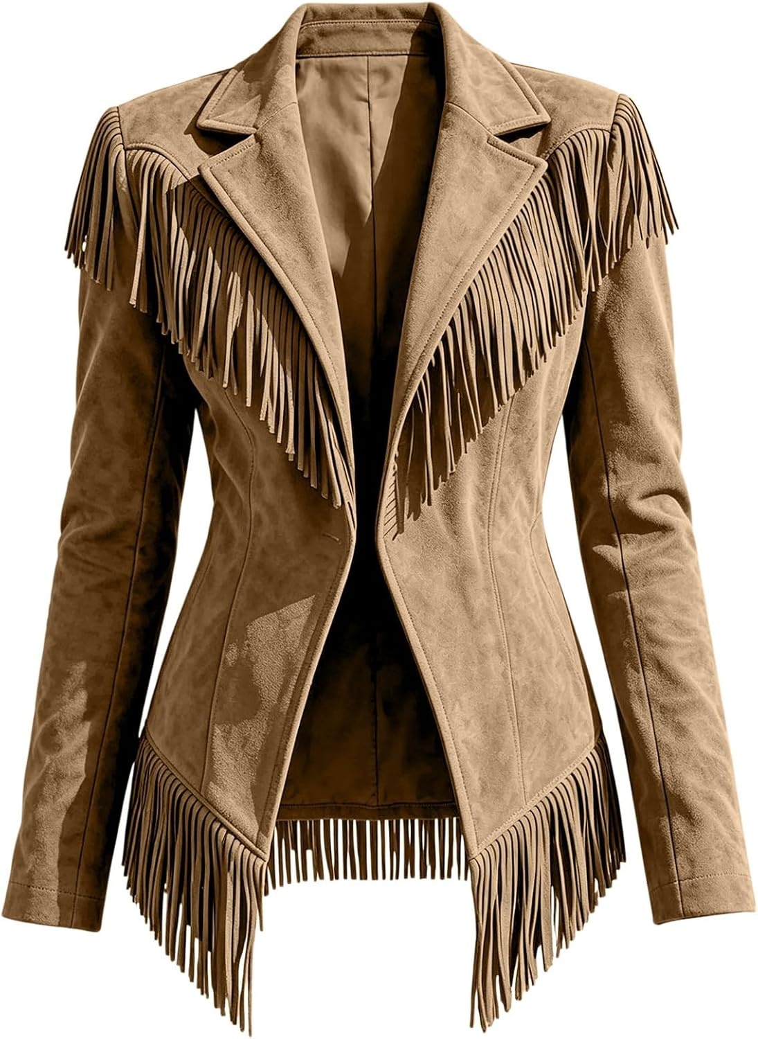 image:imageCRNTCEM Womens Suede Fringe Jacket Western Cowgirl Vintage Motorcycle CoatsKhaki