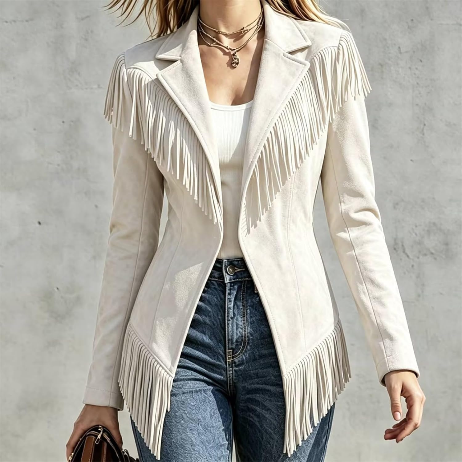 image:imageCRNTCEM Womens Suede Fringe Jacket Western Cowgirl Vintage Motorcycle CoatsWhite