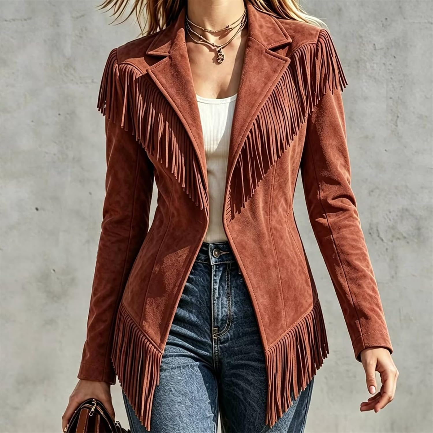 image:imageCRNTCEM Womens Suede Fringe Jacket Western Cowgirl Vintage Motorcycle CoatsWine