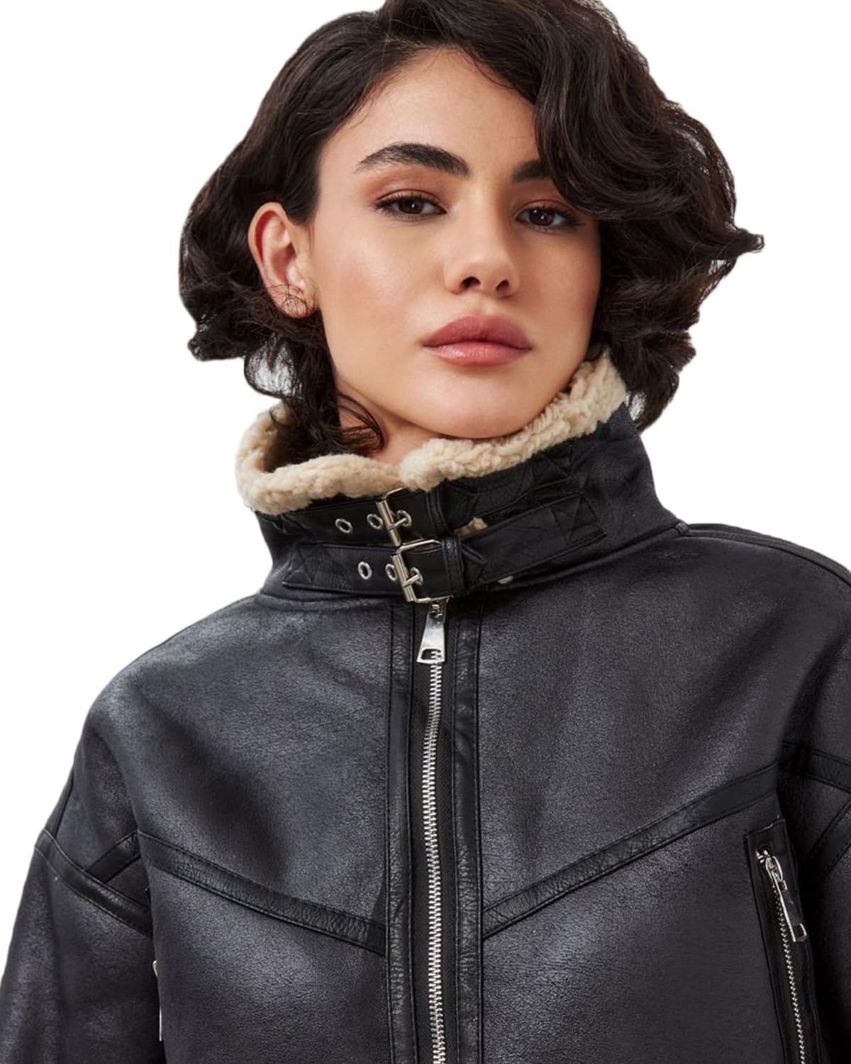 image:imageLY VAREY LIN Winter Women Faux Lamb Fur Leather Short Jacket Lapel Zipper Bomber Aviator Coat8037blackbrown