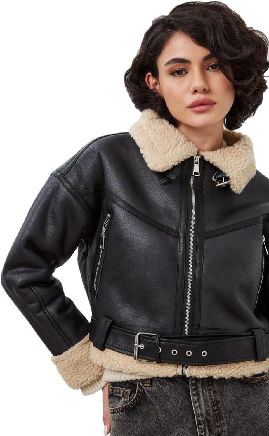 image:imageLY VAREY LIN Winter Women Faux Lamb Fur Leather Short Jacket Lapel Zipper Bomber Aviator Coat8037blackbrown
