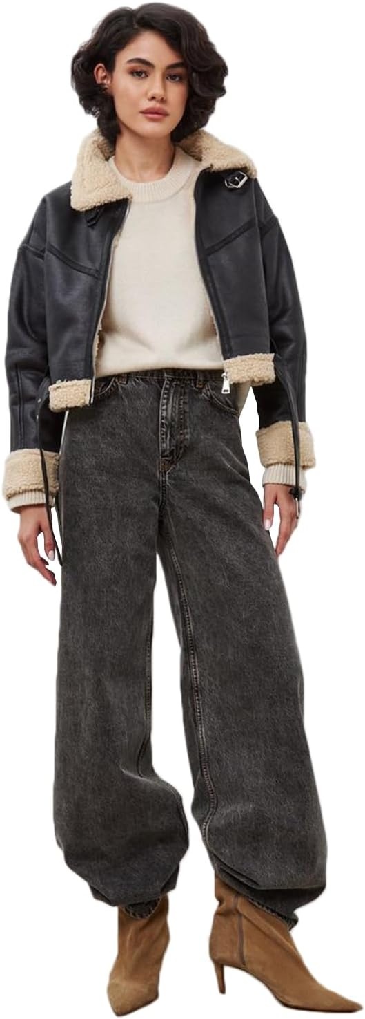 image:imageLY VAREY LIN Winter Women Faux Lamb Fur Leather Short Jacket Lapel Zipper Bomber Aviator Coat8037blackbrown