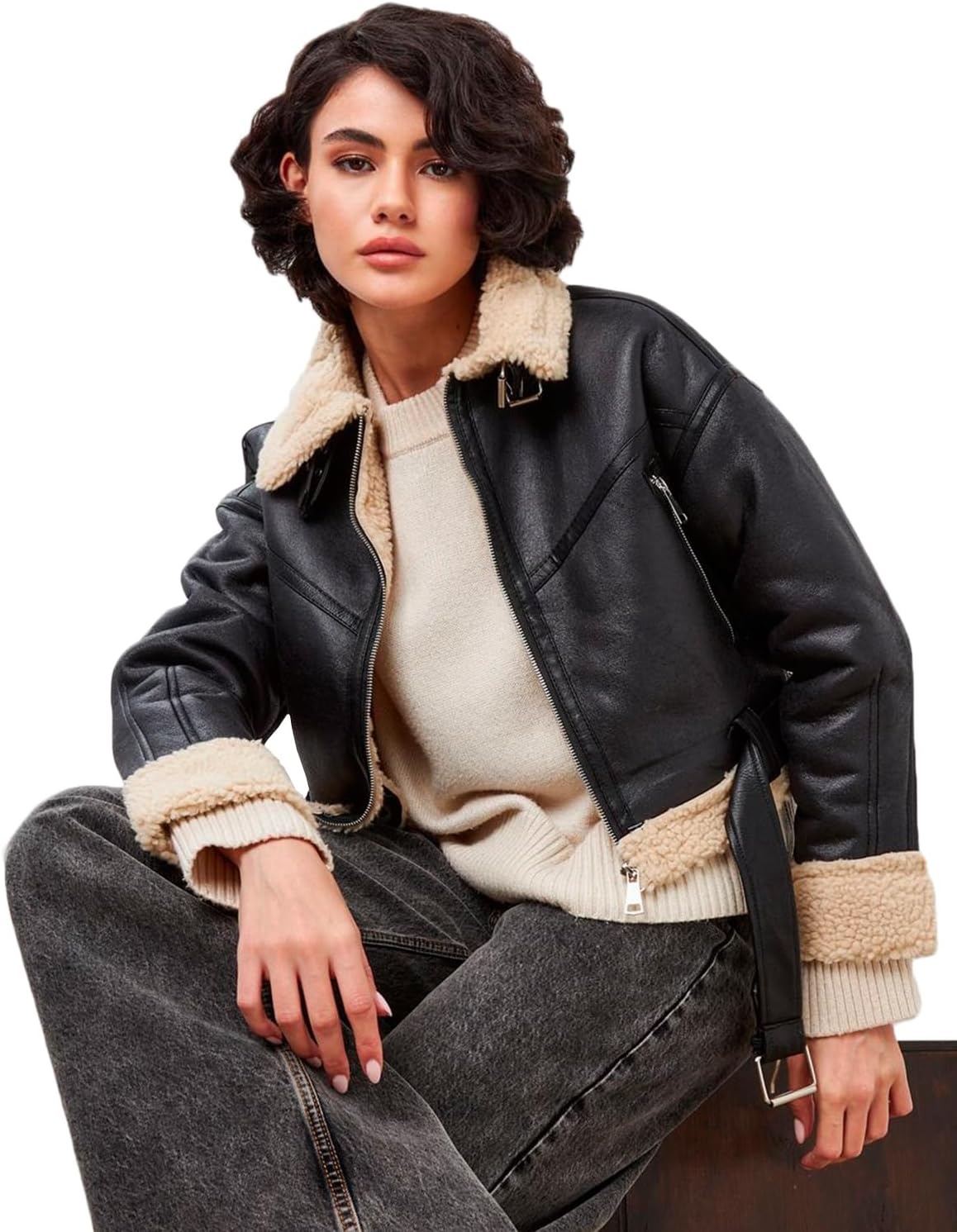 image:imageLY VAREY LIN Winter Women Faux Lamb Fur Leather Short Jacket Lapel Zipper Bomber Aviator Coat8037blackbrown