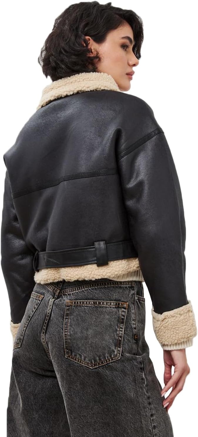 image:imageLY VAREY LIN Winter Women Faux Lamb Fur Leather Short Jacket Lapel Zipper Bomber Aviator Coat8037blackbrown