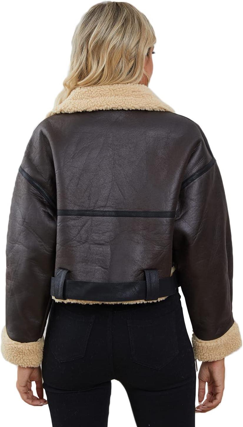 image:imageLY VAREY LIN Winter Women Faux Lamb Fur Leather Short Jacket Lapel Zipper Bomber Aviator Coat8037brown