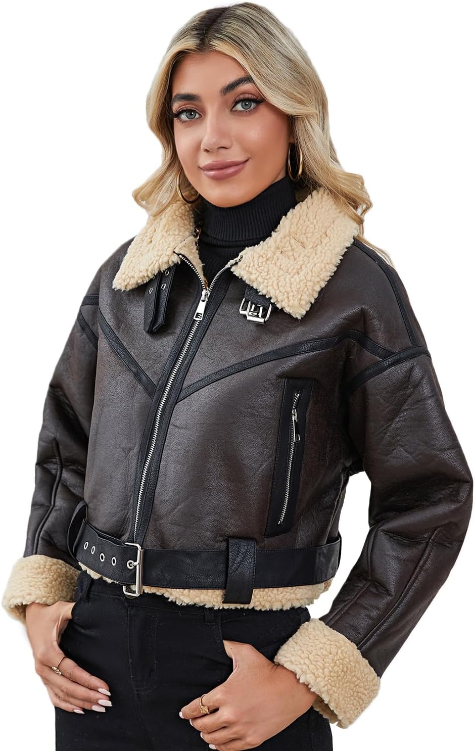 image:imageLY VAREY LIN Winter Women Faux Lamb Fur Leather Short Jacket Lapel Zipper Bomber Aviator Coat8037brown