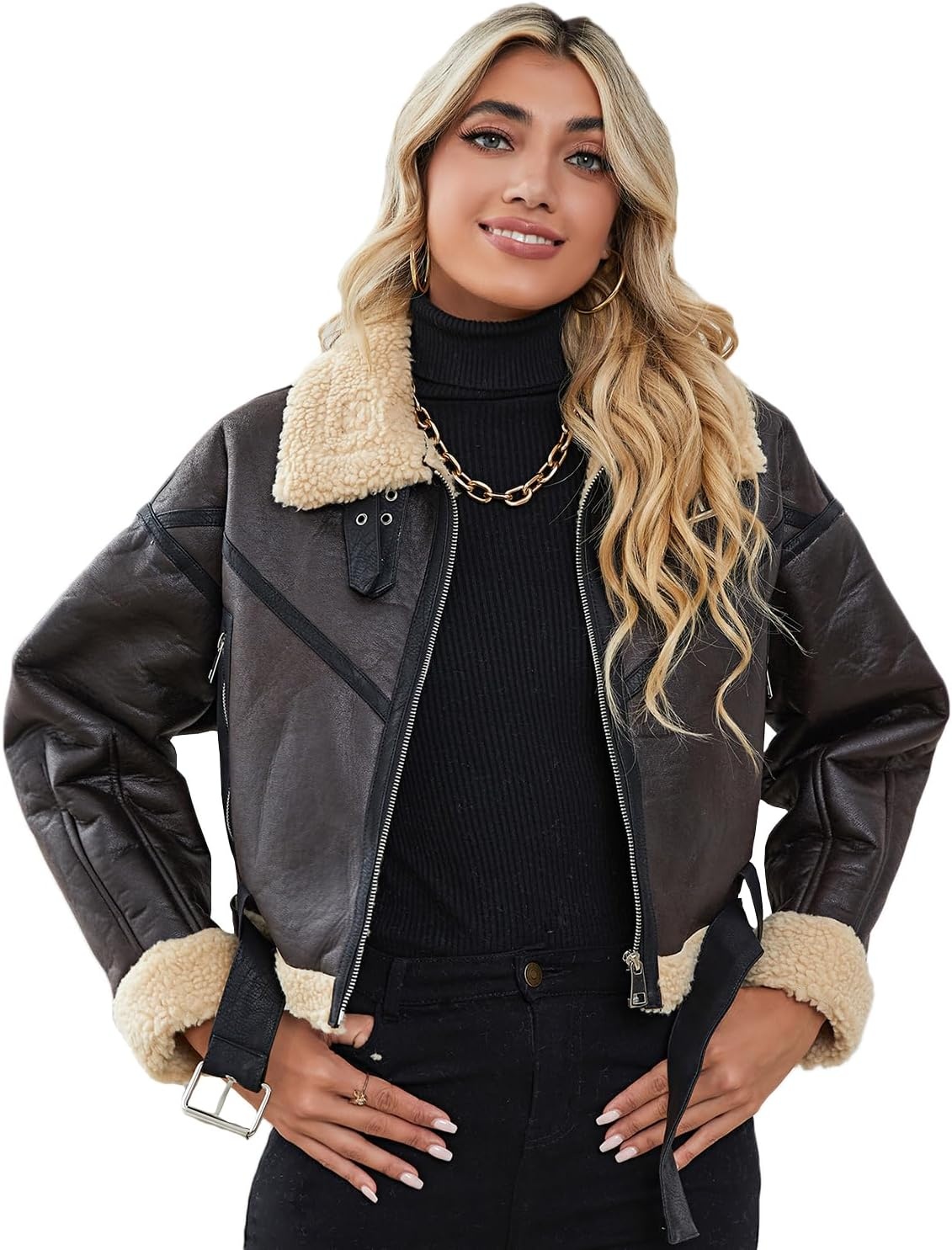 image:imageLY VAREY LIN Winter Women Faux Lamb Fur Leather Short Jacket Lapel Zipper Bomber Aviator Coat8037brown