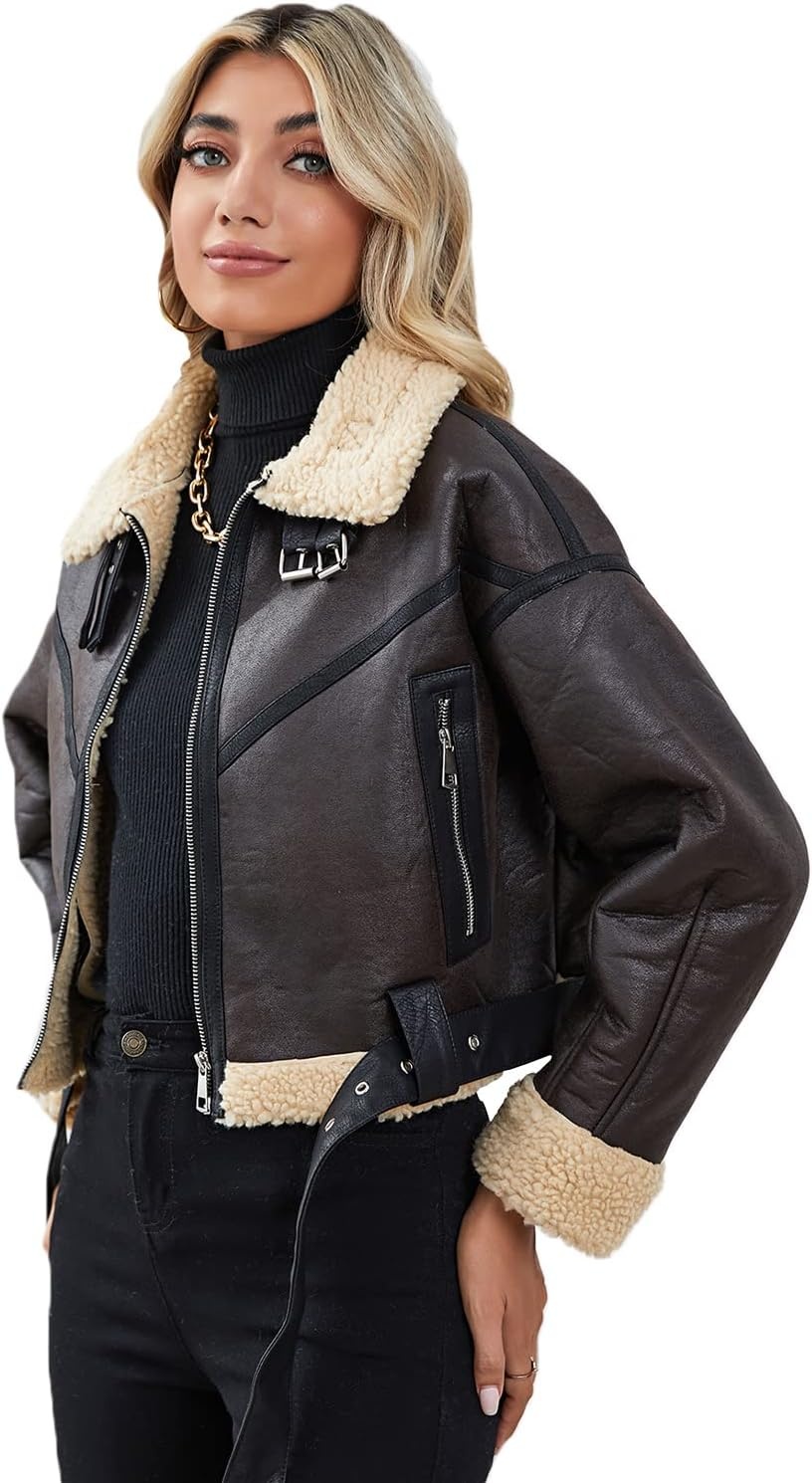 image:imageLY VAREY LIN Winter Women Faux Lamb Fur Leather Short Jacket Lapel Zipper Bomber Aviator Coat8037brown