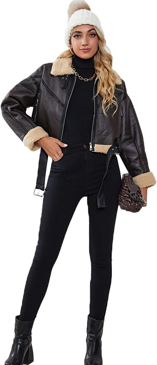 image:imageLY VAREY LIN Winter Women Faux Lamb Fur Leather Short Jacket Lapel Zipper Bomber Aviator Coat8037brown