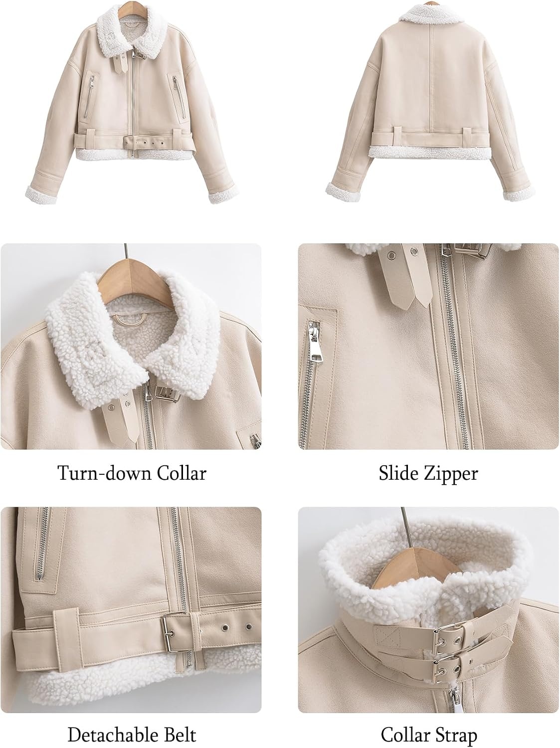 image:imageLY VAREY LIN Winter Women Faux Lamb Fur Leather Short Jacket Lapel Zipper Bomber Aviator CoatBeige