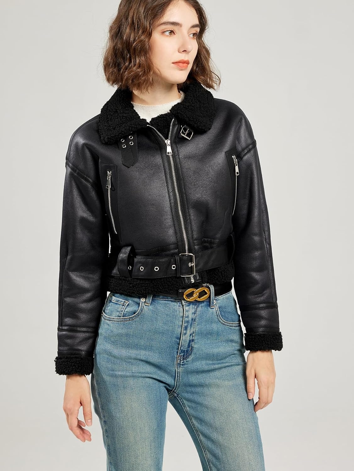 image:imageLY VAREY LIN Winter Women Faux Lamb Fur Leather Short Jacket Lapel Zipper Bomber Aviator CoatBlack