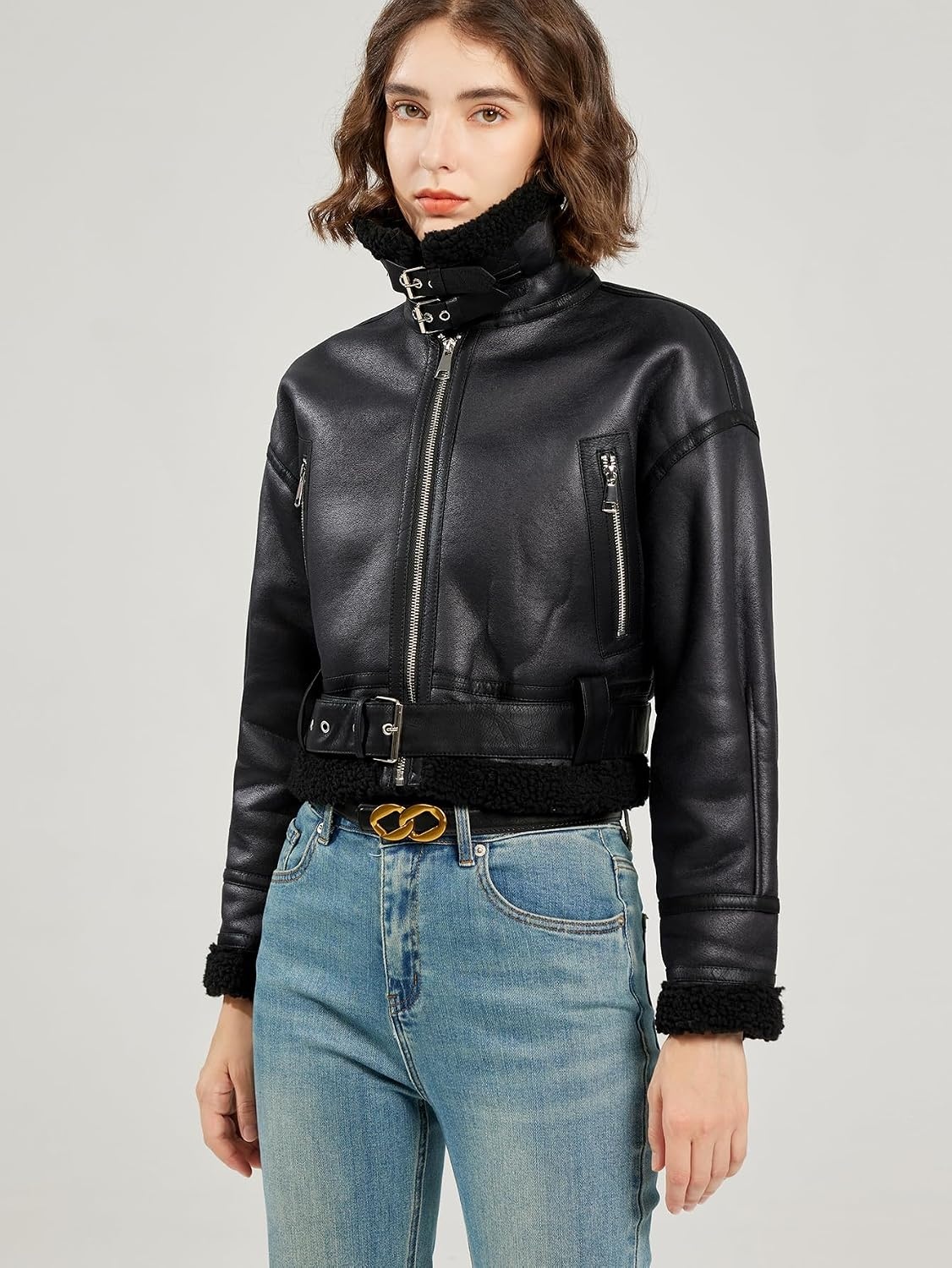 image:imageLY VAREY LIN Winter Women Faux Lamb Fur Leather Short Jacket Lapel Zipper Bomber Aviator CoatBlack