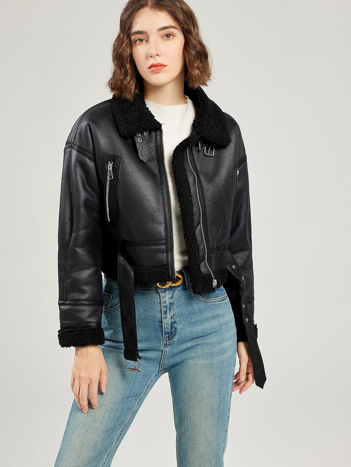 image:imageLY VAREY LIN Winter Women Faux Lamb Fur Leather Short Jacket Lapel Zipper Bomber Aviator CoatBlack