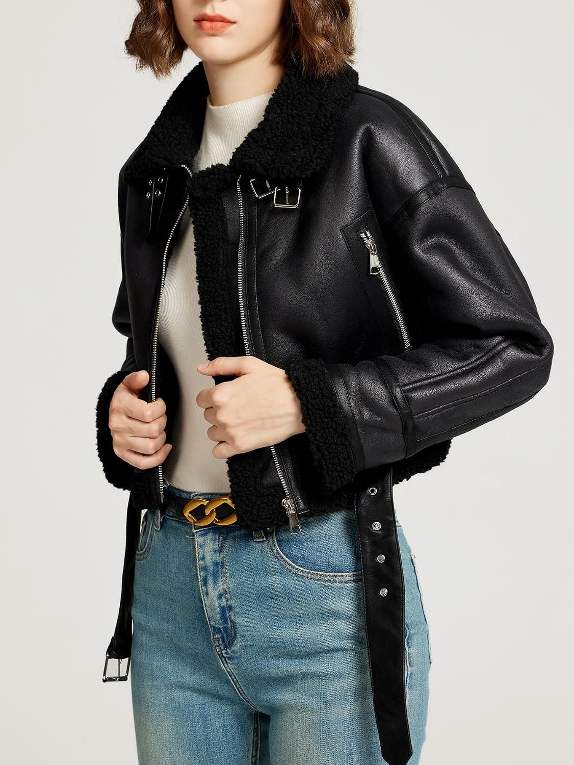 image:imageLY VAREY LIN Winter Women Faux Lamb Fur Leather Short Jacket Lapel Zipper Bomber Aviator CoatBlack
