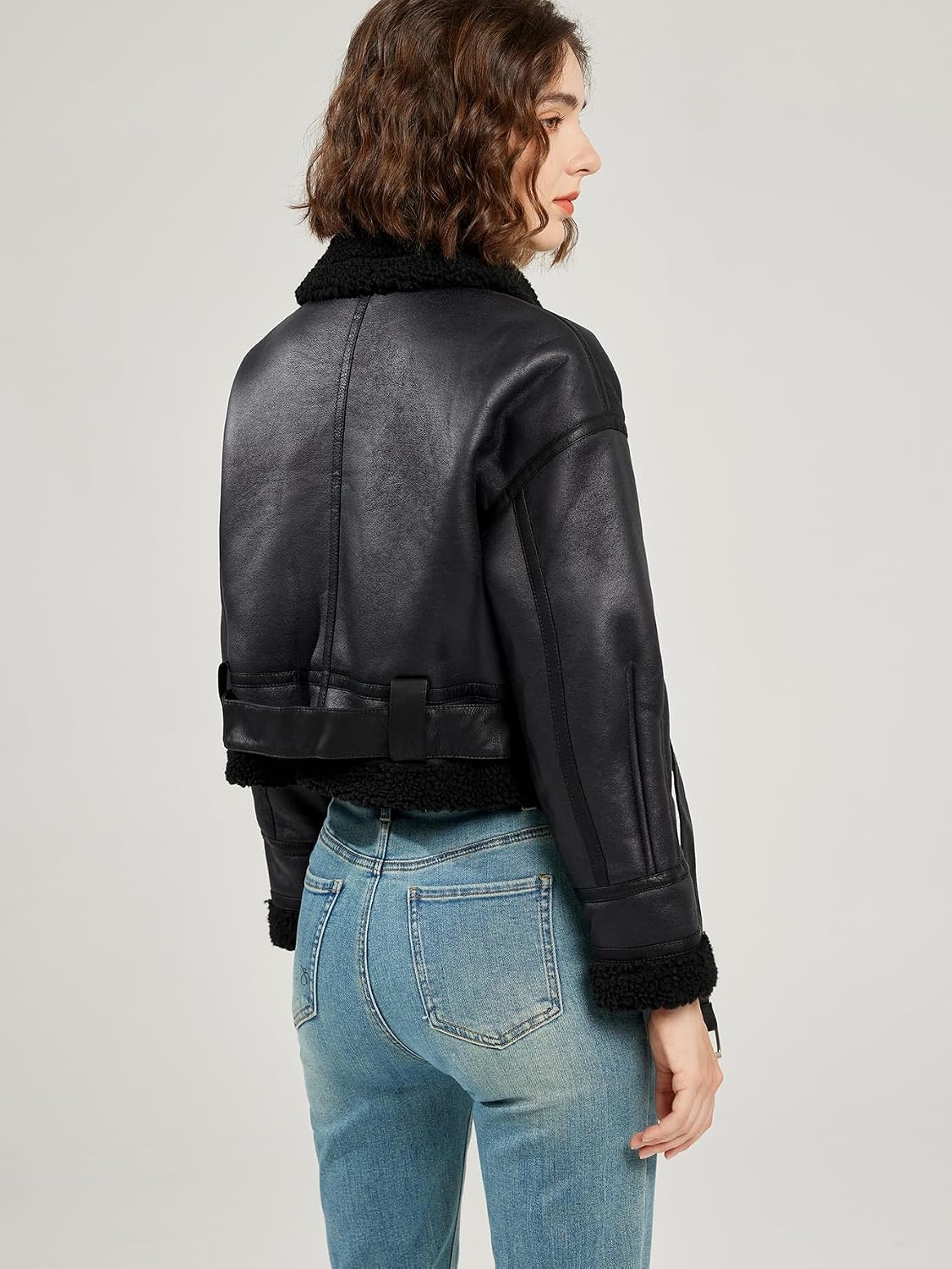 image:imageLY VAREY LIN Winter Women Faux Lamb Fur Leather Short Jacket Lapel Zipper Bomber Aviator CoatBlack