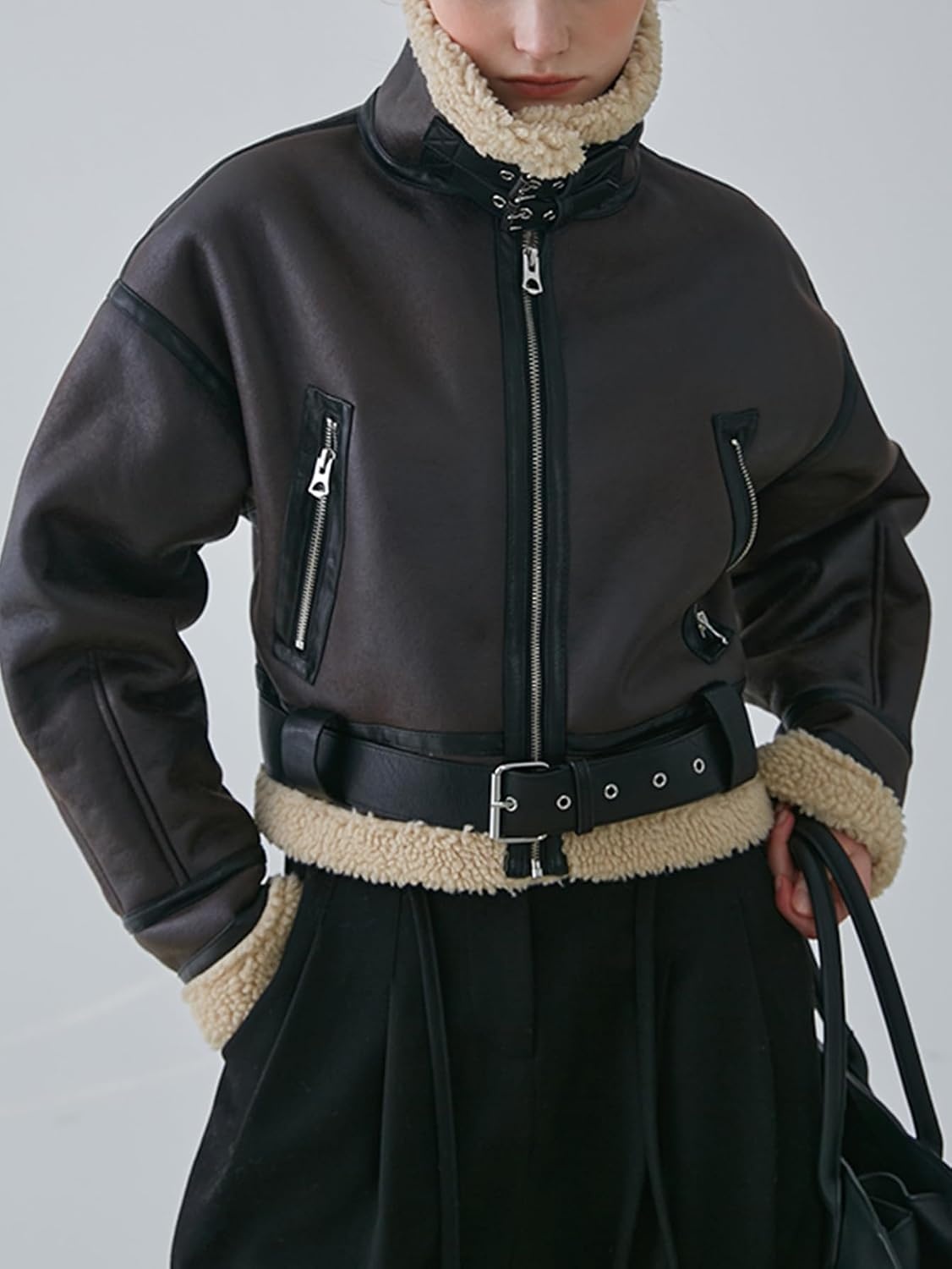 image:imageLY VAREY LIN Winter Women Faux Lamb Fur Leather Short Jacket Lapel Zipper Bomber Aviator CoatBrown