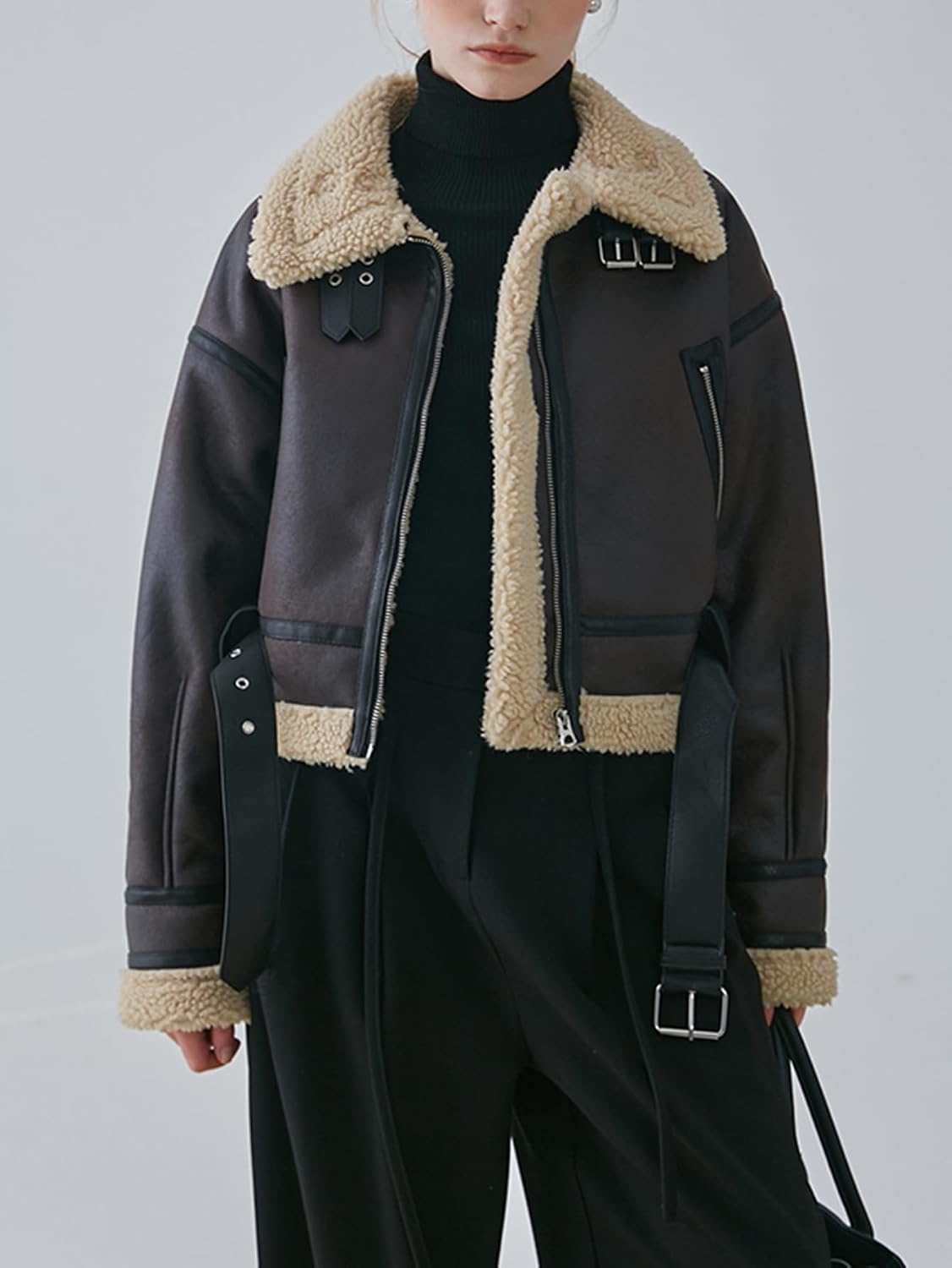 image:imageLY VAREY LIN Winter Women Faux Lamb Fur Leather Short Jacket Lapel Zipper Bomber Aviator CoatBrown