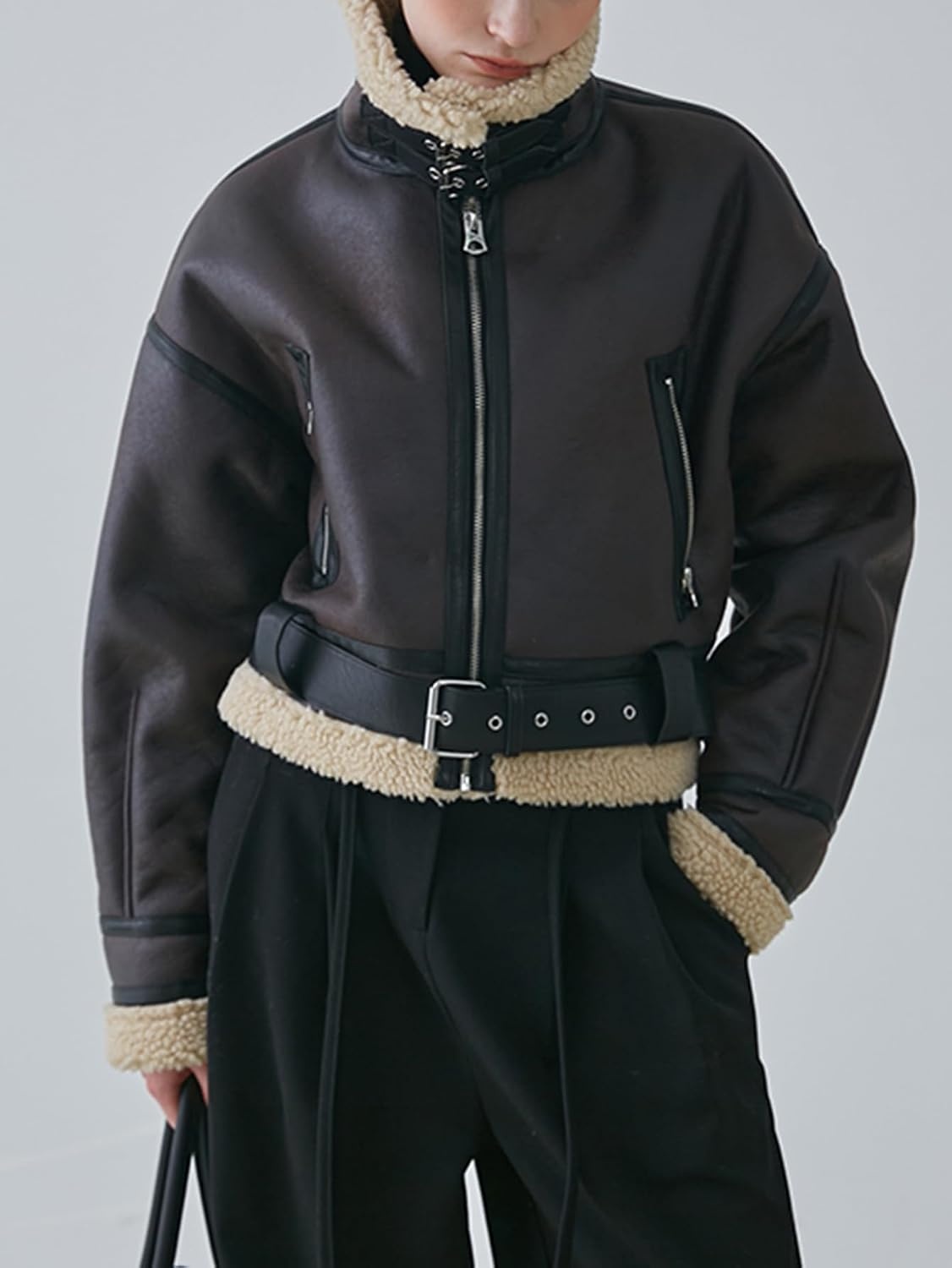 image:imageLY VAREY LIN Winter Women Faux Lamb Fur Leather Short Jacket Lapel Zipper Bomber Aviator CoatBrown