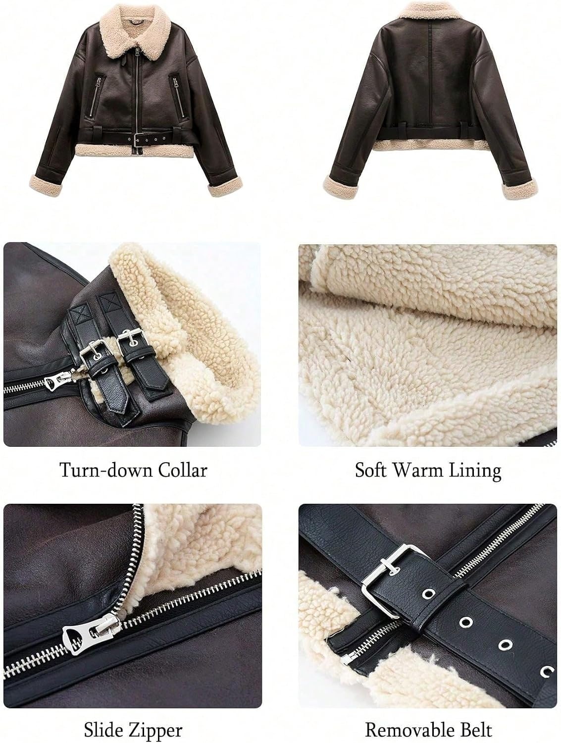image:imageLY VAREY LIN Winter Women Faux Lamb Fur Leather Short Jacket Lapel Zipper Bomber Aviator CoatBrown