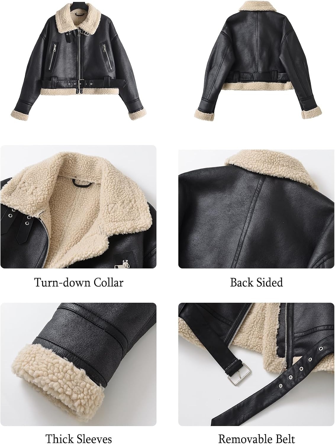 image:imageLY VAREY LIN Winter Women Faux Lamb Fur Leather Short Jacket Lapel Zipper Bomber Aviator CoatBrown Black