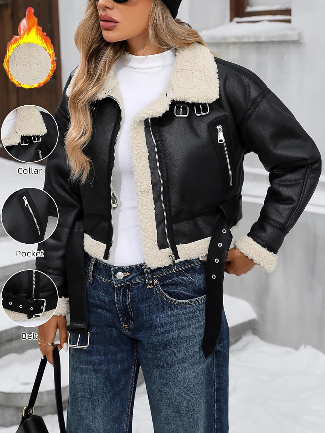 image:imageLY VAREY LIN Winter Women Faux Lamb Fur Leather Short Jacket Lapel Zipper Bomber Aviator CoatBrown Black