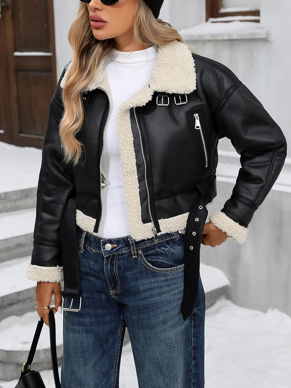 image:imageLY VAREY LIN Winter Women Faux Lamb Fur Leather Short Jacket Lapel Zipper Bomber Aviator CoatBrown Black