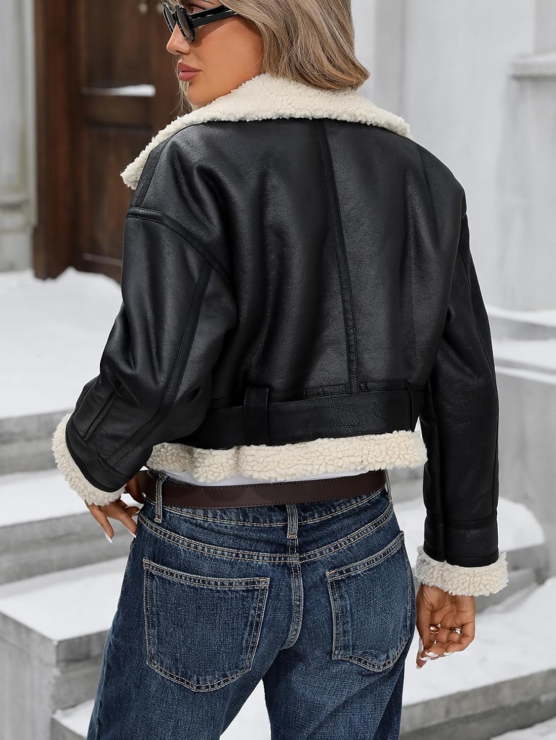 image:imageLY VAREY LIN Winter Women Faux Lamb Fur Leather Short Jacket Lapel Zipper Bomber Aviator CoatBrown Black