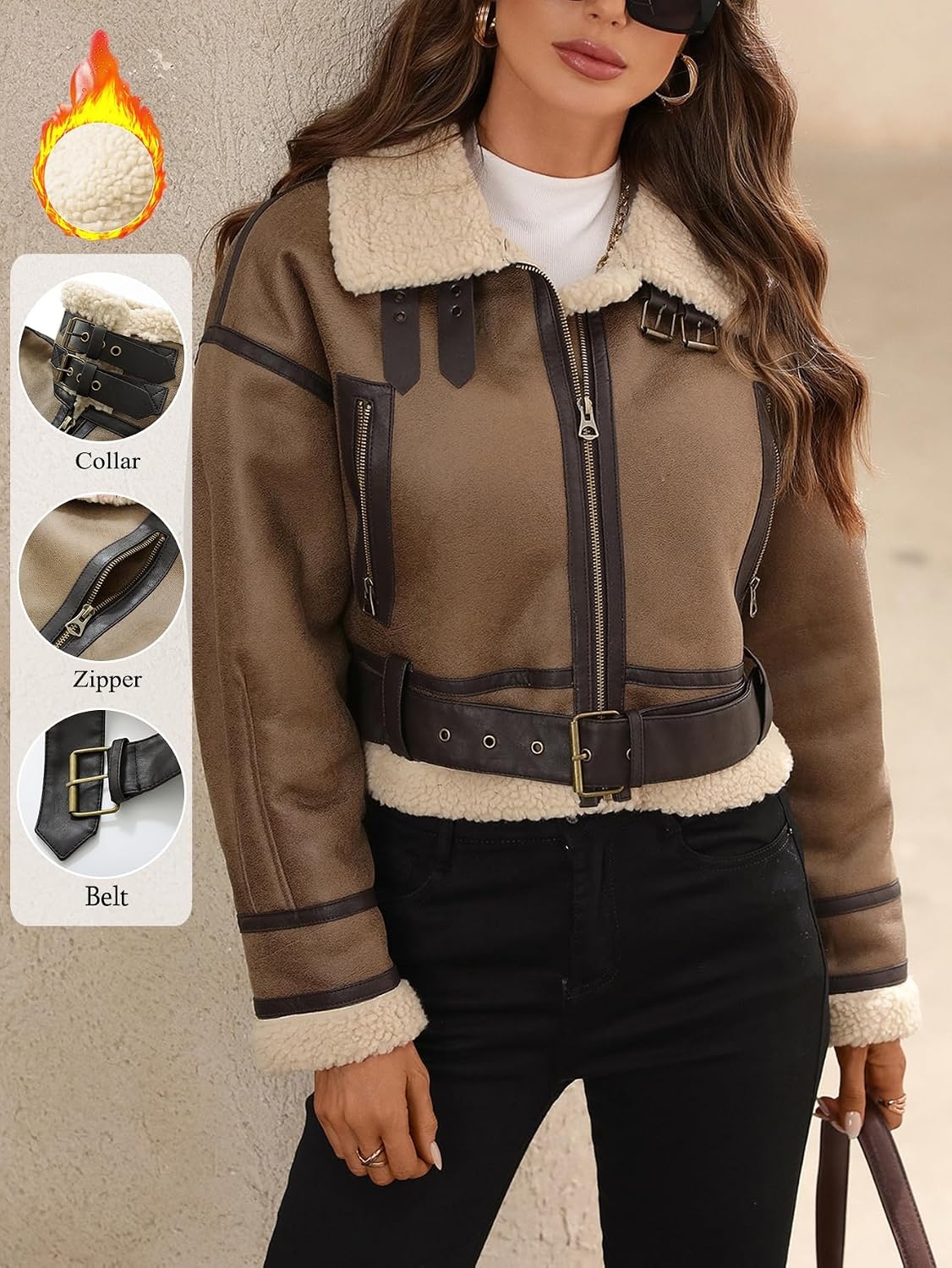 image:imageLY VAREY LIN Winter Women Faux Lamb Fur Leather Short Jacket Lapel Zipper Bomber Aviator CoatCamel