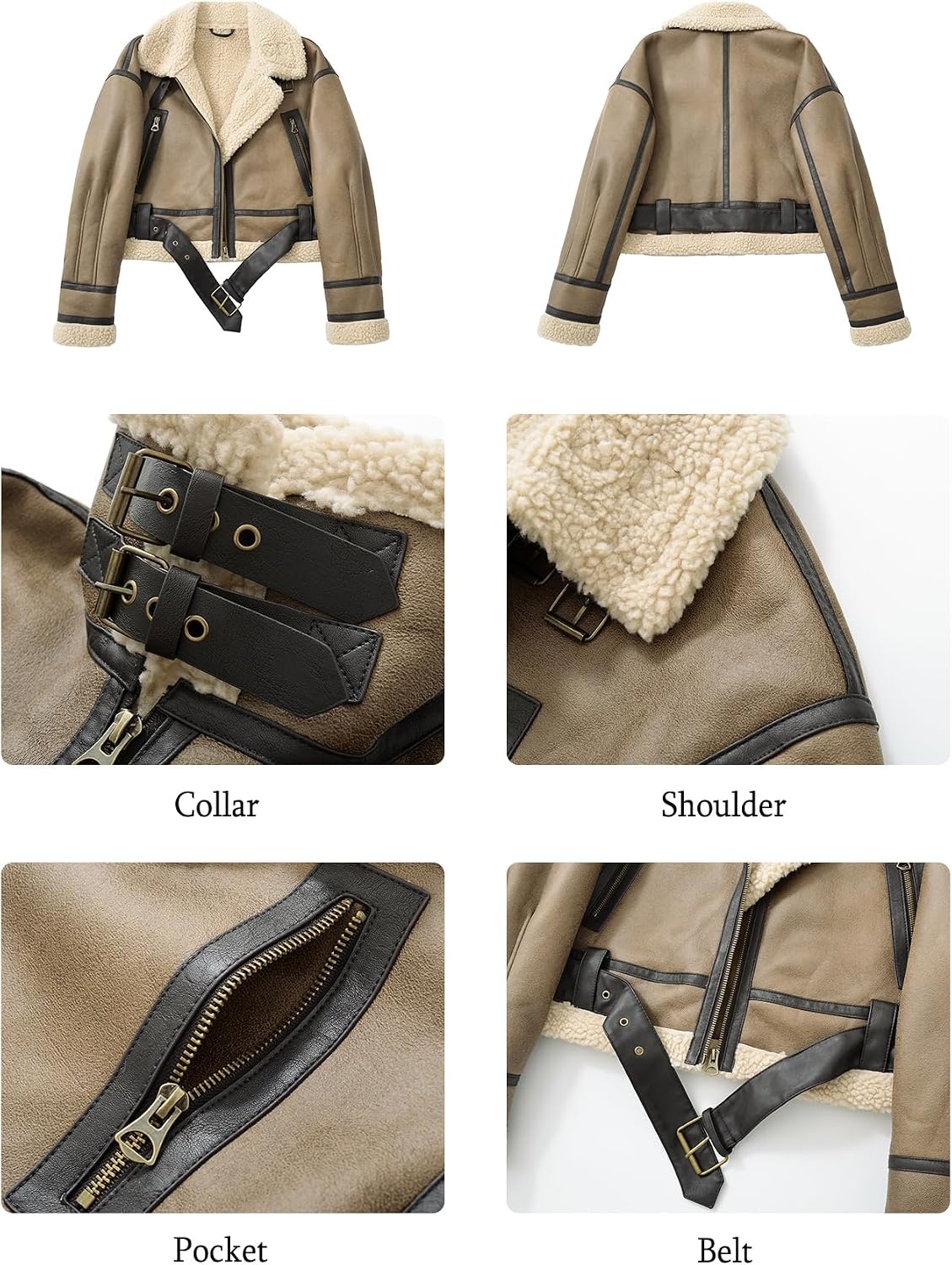 image:imageLY VAREY LIN Winter Women Faux Lamb Fur Leather Short Jacket Lapel Zipper Bomber Aviator CoatCamel