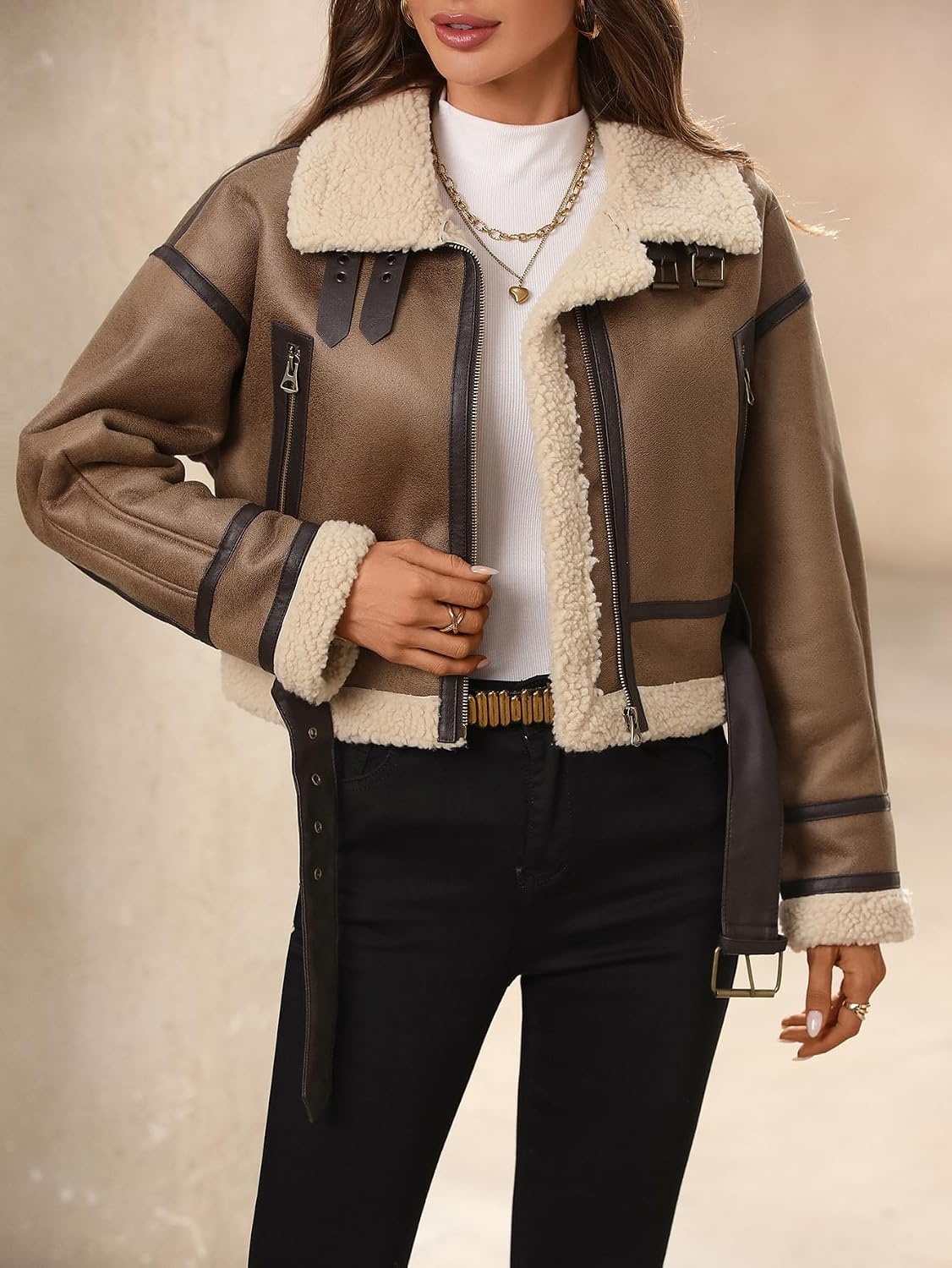image:imageLY VAREY LIN Winter Women Faux Lamb Fur Leather Short Jacket Lapel Zipper Bomber Aviator CoatCamel
