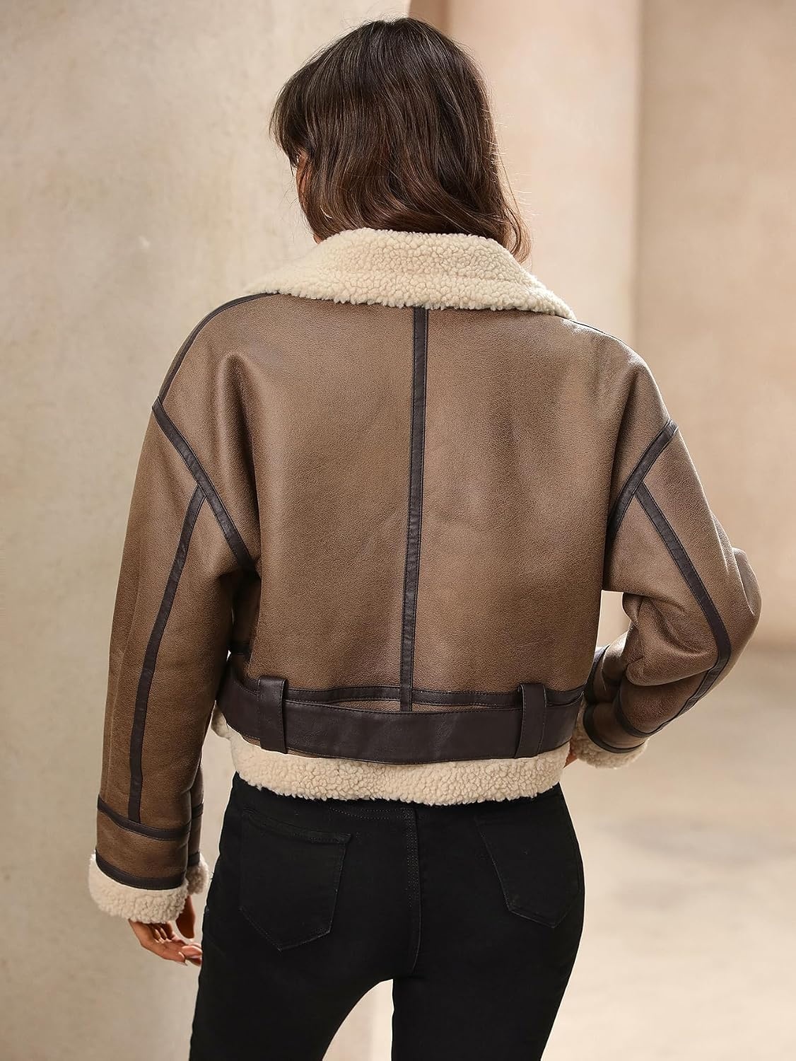 image:imageLY VAREY LIN Winter Women Faux Lamb Fur Leather Short Jacket Lapel Zipper Bomber Aviator CoatCamel