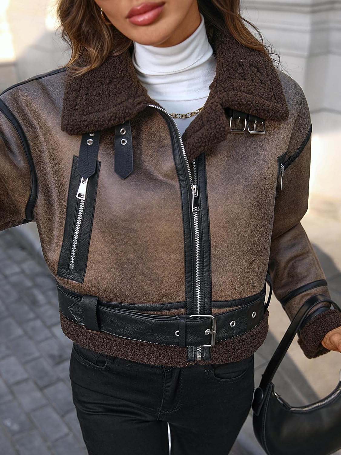 image:imageLY VAREY LIN Winter Women Faux Lamb Fur Leather Short Jacket Lapel Zipper Bomber Aviator CoatCoffee