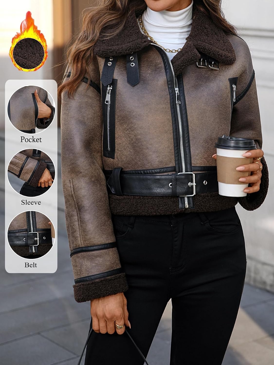 image:imageLY VAREY LIN Winter Women Faux Lamb Fur Leather Short Jacket Lapel Zipper Bomber Aviator CoatCoffee