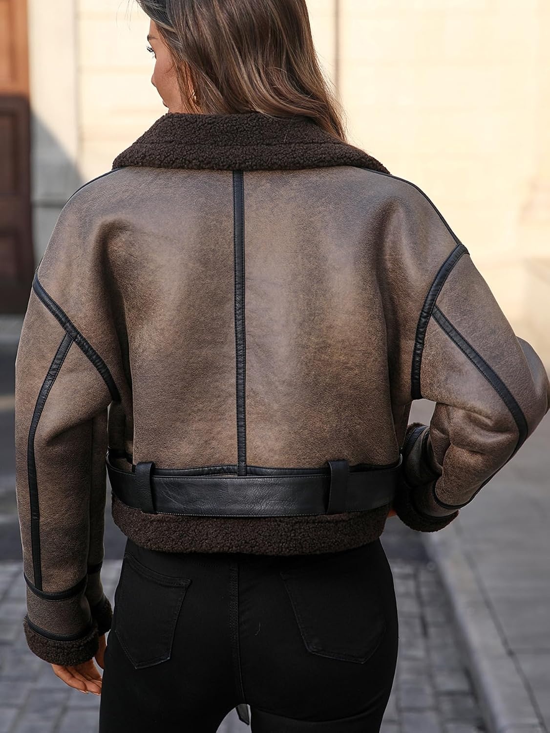 image:imageLY VAREY LIN Winter Women Faux Lamb Fur Leather Short Jacket Lapel Zipper Bomber Aviator CoatCoffee