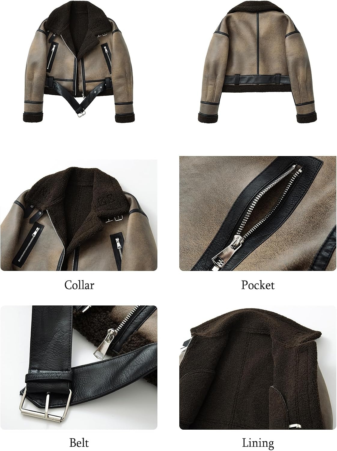 image:imageLY VAREY LIN Winter Women Faux Lamb Fur Leather Short Jacket Lapel Zipper Bomber Aviator CoatCoffee
